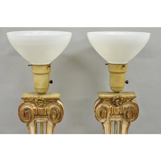 Italian Neoclassical Cream & Gold Gilt Carved Wood Harp Column Table Lamp - Pair For Sale - Image 9 of 14