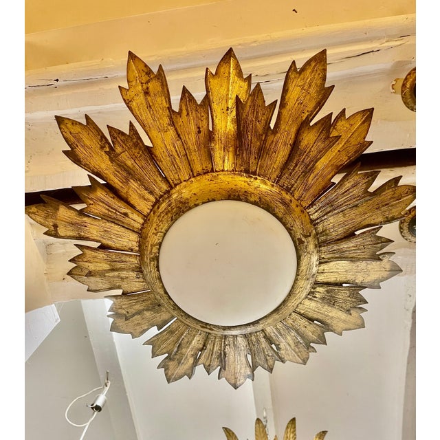 Large Spanish Gilt Gold Crown Flush Mount, 1950 For Sale - Image 3 of 9