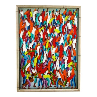 1980s Original Framed Oil Painting on Canvas Haitian Music Street Scene Signed Fidésir For Sale
