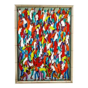 1980s Original Framed Oil Painting on Canvas Haitian Music Street Scene Signed Fidésir