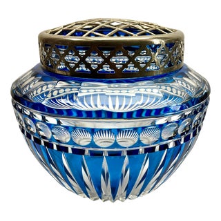 Cobalt Cut-to-Clear Crystal Pique Fleurs Vase with Grille from Val Saint Lambert, 1935 For Sale
