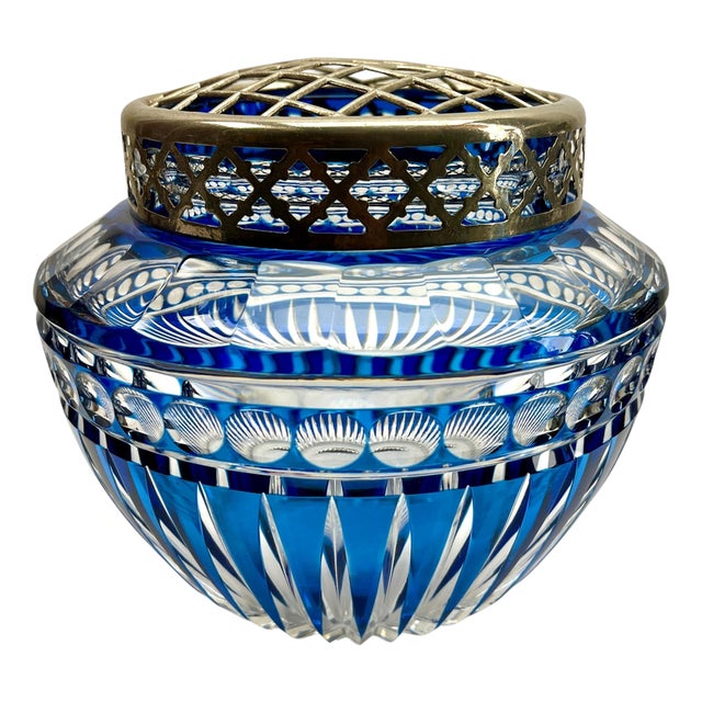 Cobalt Cut-to-Clear Crystal Pique Fleurs Vase with Grille from Val Saint Lambert, 1935 For Sale