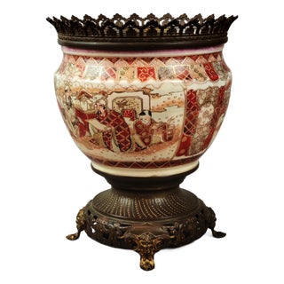 Antique Japanese Satsuma Jardiniere Vase with Bronze Mounts, 1800s For Sale