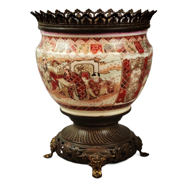 Antique Japanese Satsuma Jardiniere Vase with Bronze Mounts, 1800s For Sale