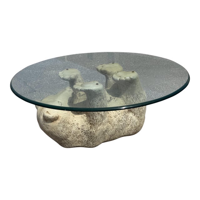 Vintage Rare Polar Bear + Glass Top Coffee Table, 1970s For Sale
