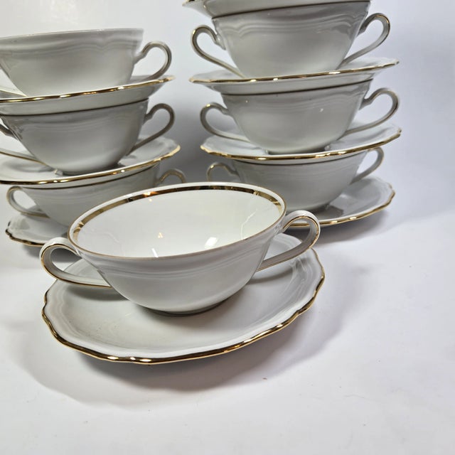 Metal Gold Rimmed Cream Soup Cup and Saucer Set- Set of Sixteen For Sale - Image 7 of 12