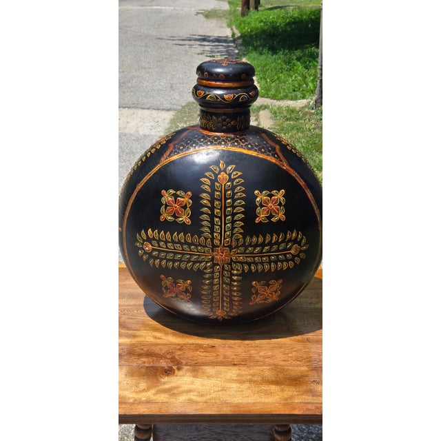 Vintage Hand-Painted Blackware Pottery Bottle Vase With Floral Folk Art Motif For Sale - Image 9 of 18