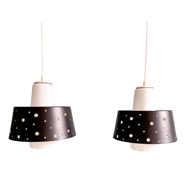 Vintage Scandinavian Pendant Lights in White Opaline and Black Lacquered Metal, 1960, Set of 2 For Sale