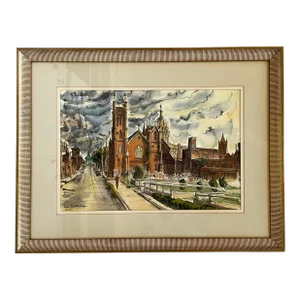 Original Watercolor of Atlanta’s Church of the Immaculate Conception by American Artist Robert Stockton Rogers