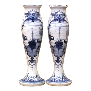 Pair of Early 20th Century Dutch Delft Blue and White Faience Bud Vases