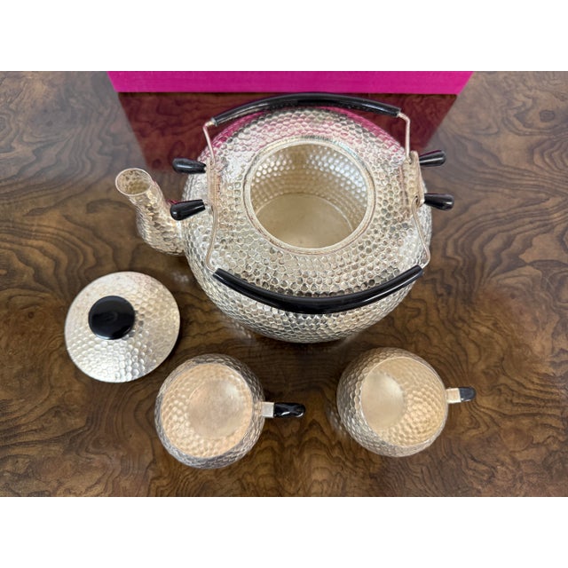 Japanese Hammered Steel Tea 3 pcs Set in Box For Sale - Image 4 of 12