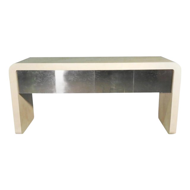 Mid-Century Faux Goatskin Console Table with Storage For Sale