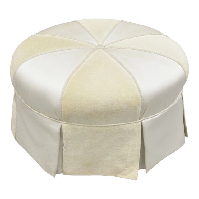 Modern Beige Upholstered Button Tufted Skirted Round Ottoman For Sale