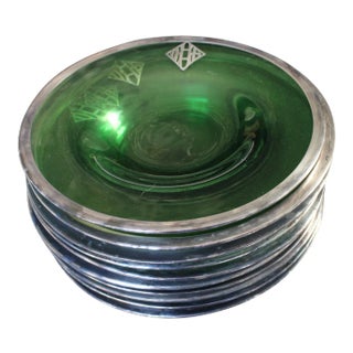 Silver Embossed Green Depression Glass 10 Serving Plate or Shallow Bowls For Sale
