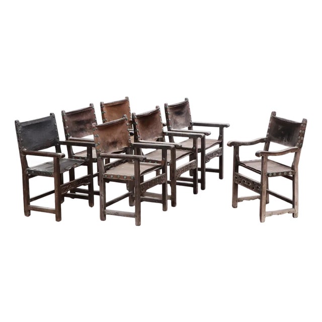 Set of Seven 1700s Walnut & Leather Chairs. - Dupont Family Estate For Sale