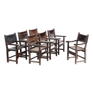 Seven 1700s Walnut & Leather Chairs. - Dupont Family Estate For Sale