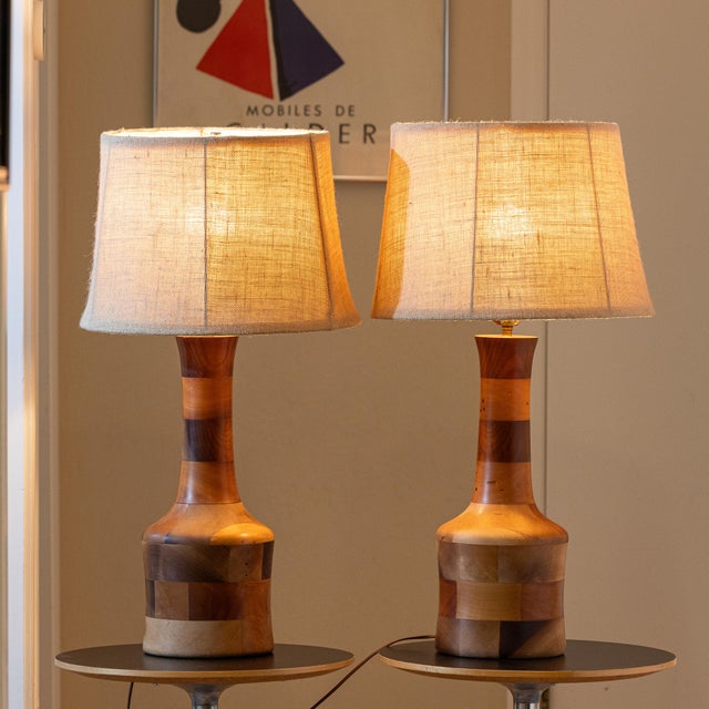 1970s Vintage 1970s Segmented Wood Table Lamps in Walnut, Cherry, and Maple - A Pair For Sale - Image 5 of 14