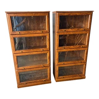 Pair of Barrister Style Oak Finish Lawyer Cabinet Library Bookcases For Sale