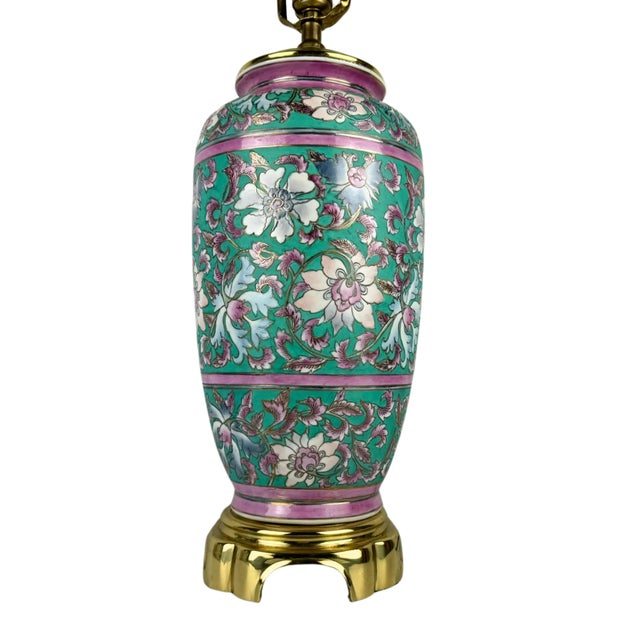 Ceramic Vintage Asian Turquoise Floral Chinoiserie Hand Painted Ceramic Table Lamp For Sale - Image 7 of 9