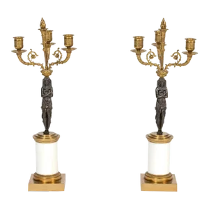 Empire Style Bronze Candelabras With Marble Accents