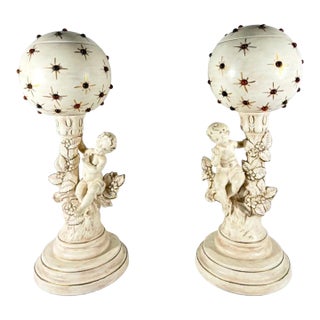 Vintage Mid-Century Modern Hollywood Regency Ceramic Cherub Sunburst Globe Lamps - A Pair For Sale
