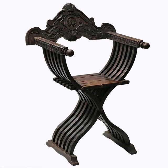 Antique Italian Armchairs - Hand Carved Savonarola Style - Set of 3 For Sale - Image 4 of 5