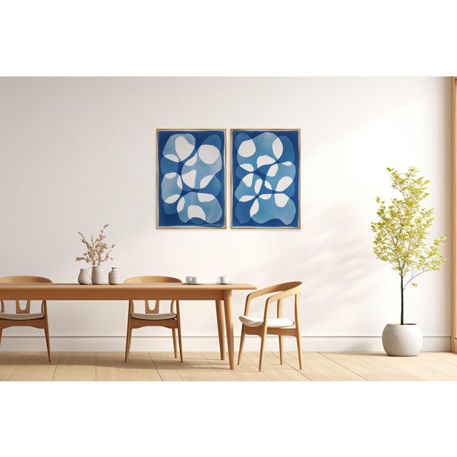 Sacks of Stones, Abstract Geometric Diptych, Modern Floating Shapes, Handmade Monotype Cyanotype on Watercolor Paper., 2026 For Sale In Miami - Image 6 of 9