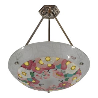 French Art Deco Pendant Light by Loys Lucha 1930s - Pink Enameled Floral Bowl For Sale