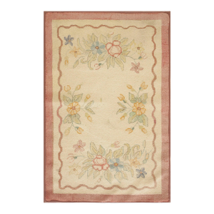 1920s Ivory Floral Folk Art Antique American Hooked Rug 2' 7'' X4' 0'' Handknotted Wool Carpet