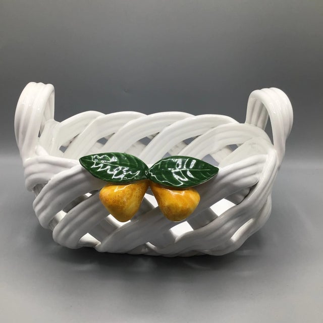 Woven Ceramic Fruit Basket Centerpiece With Pears and Leafs Made in Portugal by Berados For Sale - Image 13 of 13
