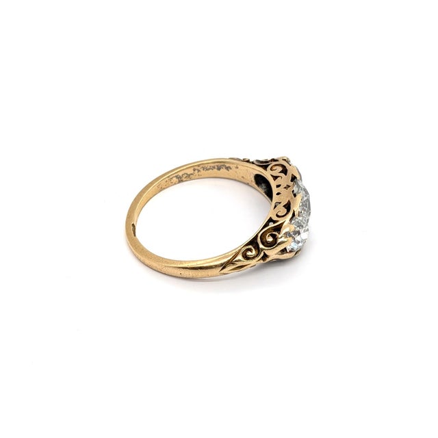 Metal Vintage Old Mine Cut Diamond & 18k Yellow Gold Three-Stone Ring - Size 7.25 For Sale - Image 7 of 9