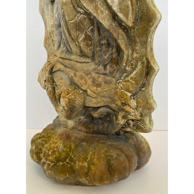 French Madonna & Child Cast Stone Garden Sculpture, Devotional Figure W/Serpent For Sale - Image 9 of 9