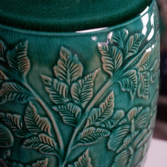 Modern Hand-Painted Carved Teal Lotus & Floral Vase by Pottery 12, Hanoi Studio Art Ceramic For Sale - Image 3 of 5