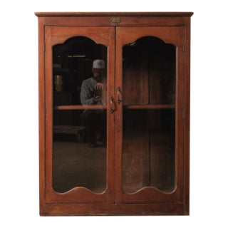 Vintage Rustic Indian Wooden Glass Almirah Cabinet With Glass Paneled Doors For Sale