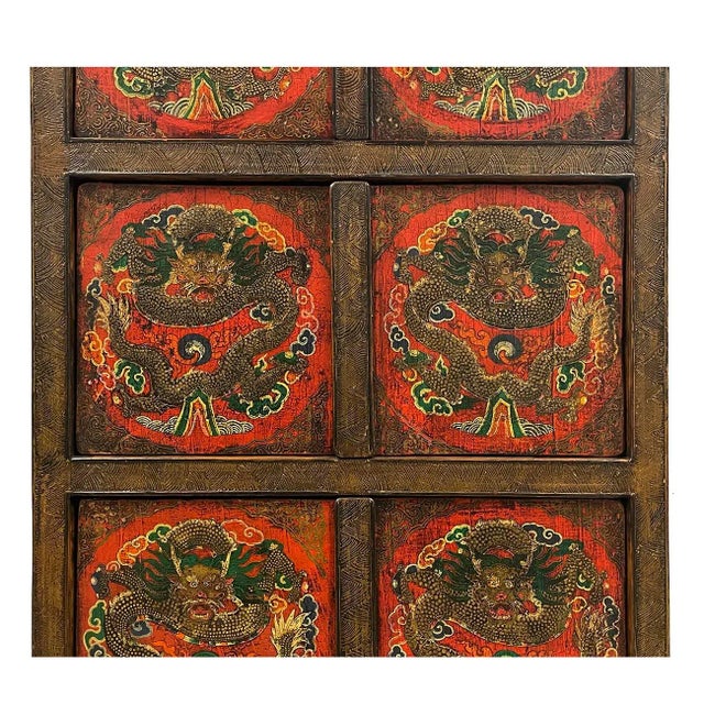 Wood Antique Tibetan Hand Painted Dragon Tall Cabinet For Sale - Image 7 of 12