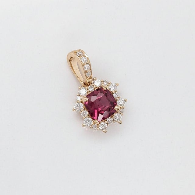 Red Cushion Rhodolite Garnet Pendant With Earth Mined Diamonds in Solid 14k Gold For Sale - Image 8 of 10
