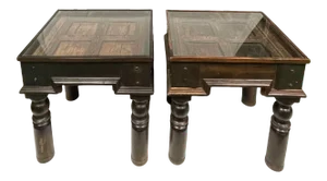 20th Century Indian Handcrafted Wood Metal and Glass Side Tables - a Pair