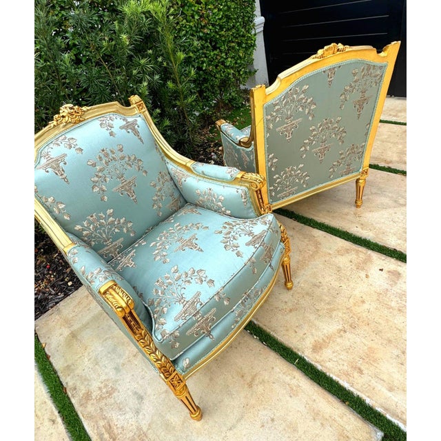 French Louis XV Style Blue-Green Bergere Wing Chair Set of 2 With Gold Leaf Details For Sale In Miami - Image 6 of 10