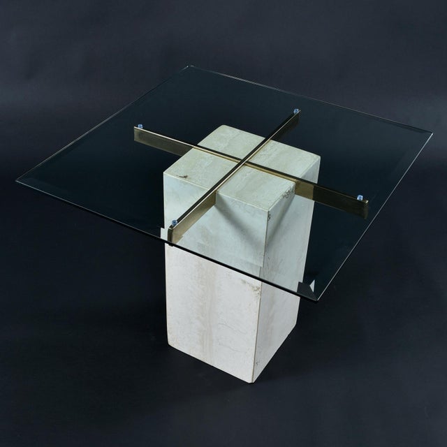 1980s Travertine Stone and Brass Pedestal Side Table With Square Glass For Sale - Image 5 of 10