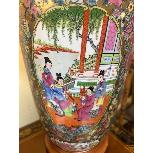 Ceramic Antique 19th Century Chinese Rose Medallion Vase Lamp For Sale - Image 7 of 12