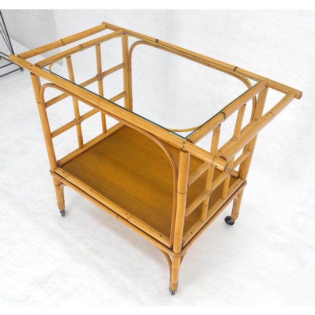 Fine Bamboo c1970s 2 Tier glass Top Serving Bar Cart on Wheels Mid Century MINT! For Sale - Image 16 of 18