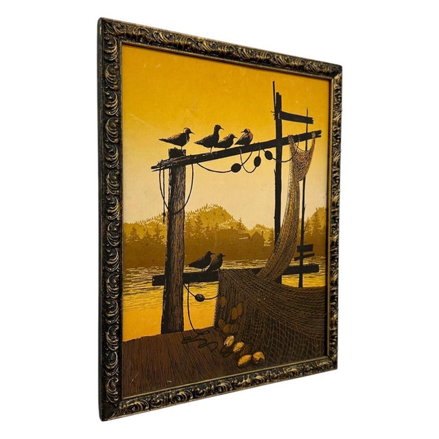 1970s Vintage Walton Butts "Fishnets" Signed Serigraph – Mid-Century Modern Coastal Harbor Silkscreen Print.. For Sale - Image 5 of 7