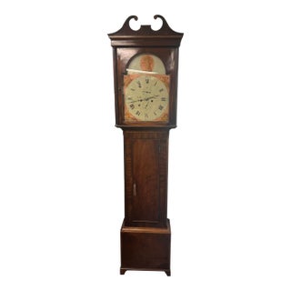 Antique English Tall Case Inlay Grandfather Clock Hand Painted Dial Face Irvine For Sale
