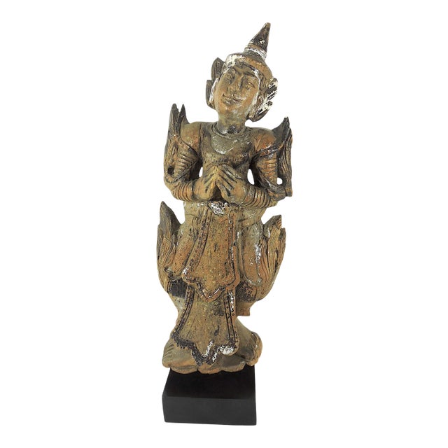 Late 19th Century Antique 'Teppanom' Temple Angel, Mounted Wood Statue Figure (Thailand) For Sale