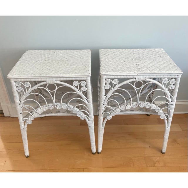 This beautiful pair of painted wicker side tables are divine! The tops are woven chevron design rattan and the sides and...