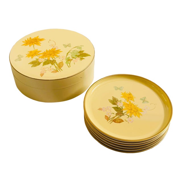 Yellow Lacquerware Floral Coaster Set For Sale
