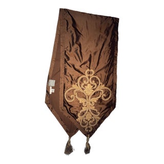 Sethi & Sethi Medallion Scroll Crest Embroidered Silk Satin Throw/ Table Runner For Sale