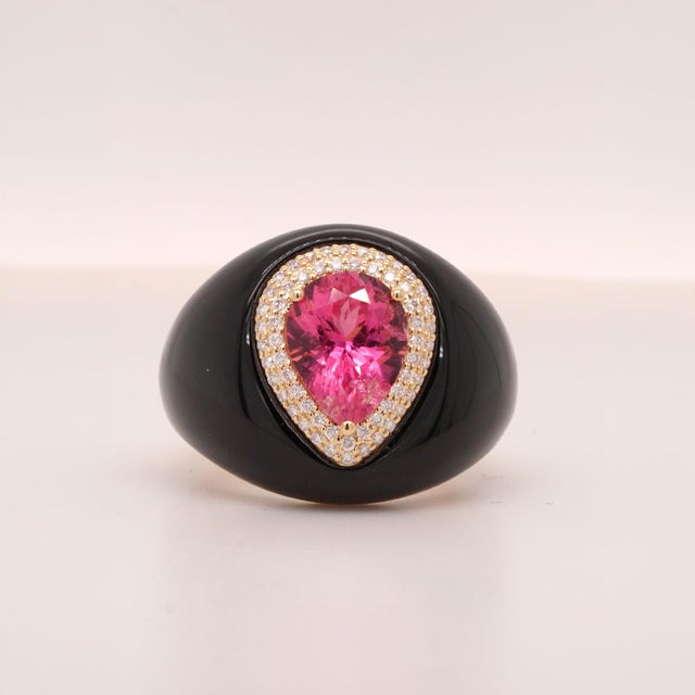 2.72ct Pear Tourmaline, Diamond and Onyx in 14ct Yellow Gold - Fei Liu, Size 7.5 For Sale - Image 10 of 11