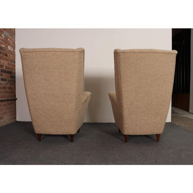 Wood Pair of Italian Modernist High Back Lounge Chairs in Two-Tone Bouclé and Walnut For Sale - Image 7 of 18