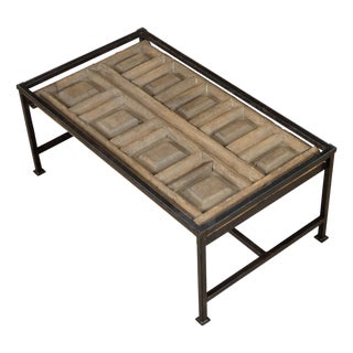 Contemporary Coffee Table Made with Antique Door Fragment on Custom Iron Base For Sale